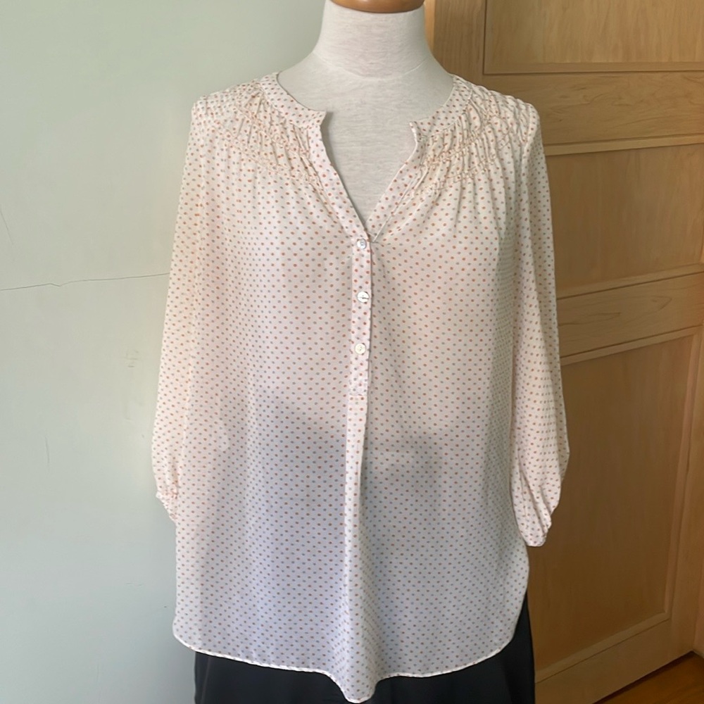 Max Studio Long Sleeved Sheer Ecru Blouse With Orange And Grey Dots, Size S